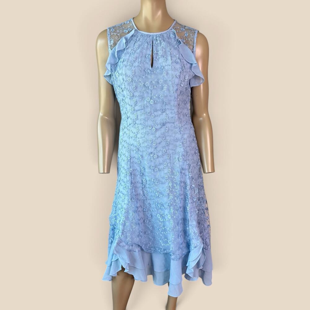 Sundance Floral Ruffled Shift Midi Dress Womens M Blue Sleeveless Laced Layered